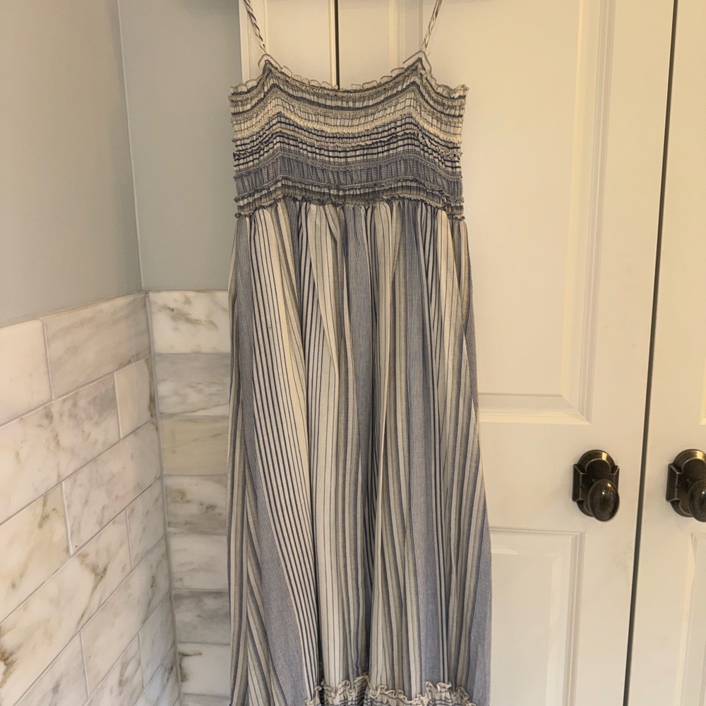 Max Studio Blue and White Striped Smocked Maxi Dress